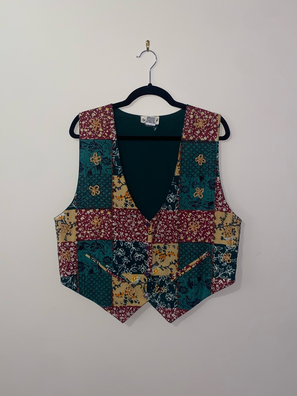 Vintage 90s Boho Spell Bound Multicolor Patchwork Floral Vest w/ Beaded Details